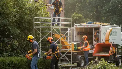 Milwaukee, WI tree service crew removing overgrown shrubs and cleaning up a yard