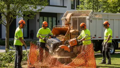 Milwaukee, WI stump removal crew safely grinding a tree stump on a residential property