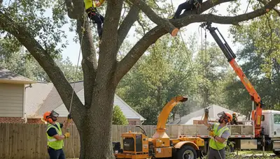 Milwaukee, WI tree removal crew safely removes a hazardous tree from a residential property