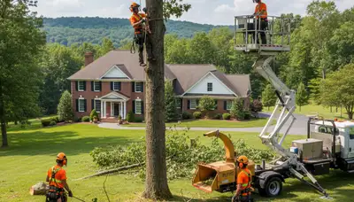 Tree service crew removing a tree in Milwaukee, WI for safe property care