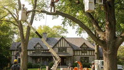 Tree service crew removing a tree in Milwaukee, WI for safe residential property care