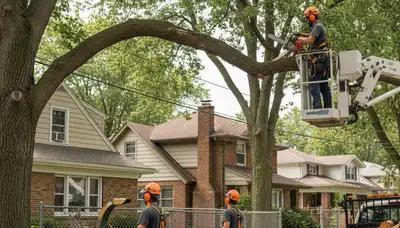 Tree service crew in Milwaukee, WI removing a tree for safe residential property care