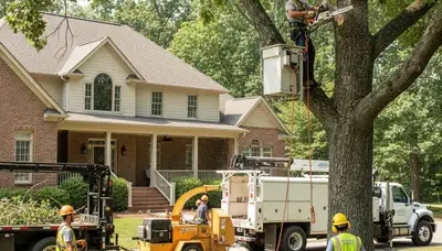 Milwaukee, WI tree service crew removing a tree for safe residential property clearing