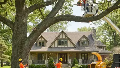 Tree service crew removing a tree in Milwaukee, WI for safe residential property clearance