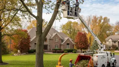 Tree service crew in Milwaukee, WI removing a tree for safe residential property care