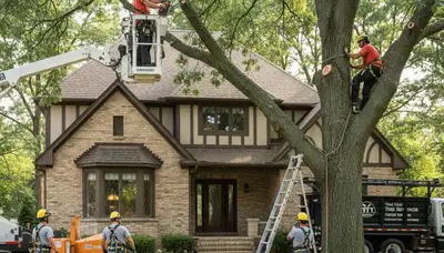 Tree service crew in Milwaukee, WI removing a tree for safe property clearance