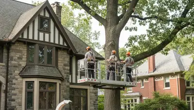 Tree service crew removing a tree in Milwaukee, WI for safe property clearance