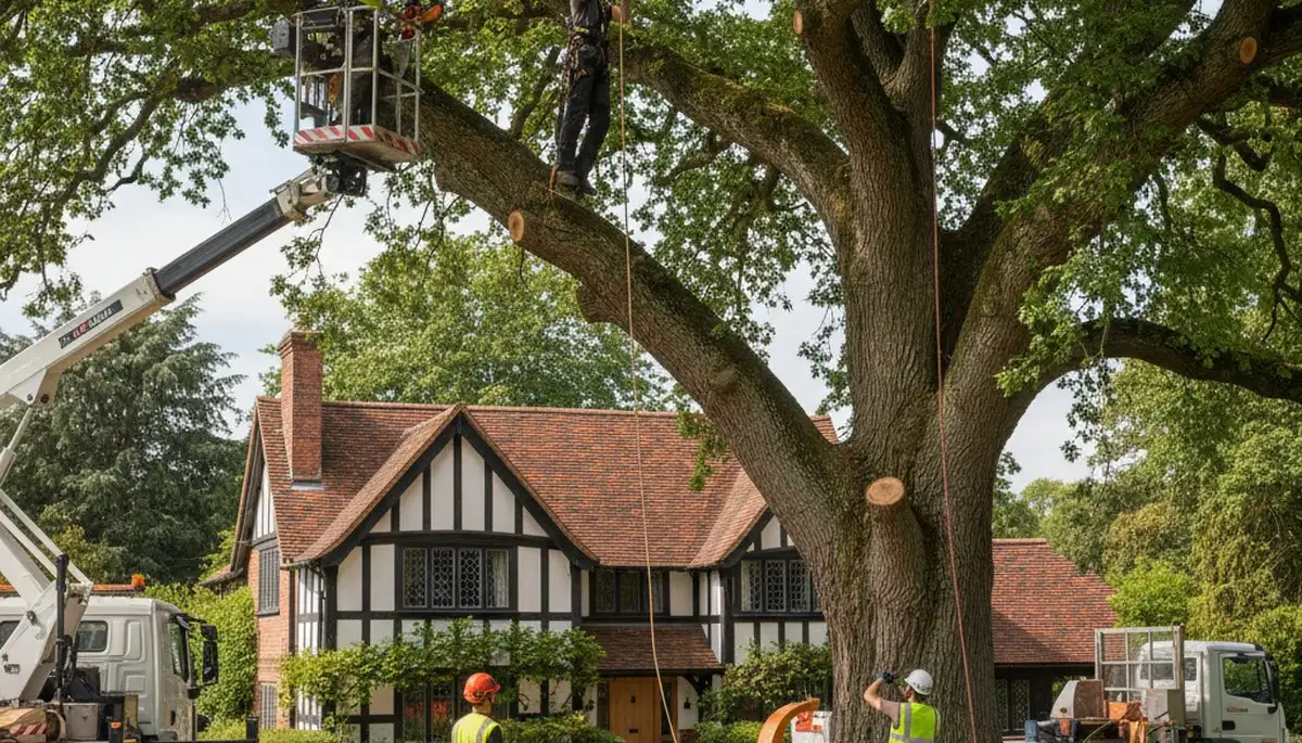 Tree service crew in Milwaukee, WI performing safe tree removal for a local property