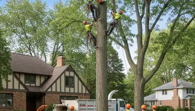 Tree service crew in Milwaukee, WI removing a hazardous tree safely